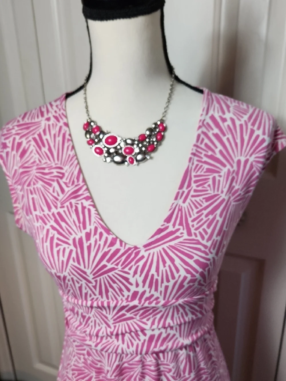 BCBGMaxAzria Pink and White V-Neck Midi Dress - Picture 3 of 12